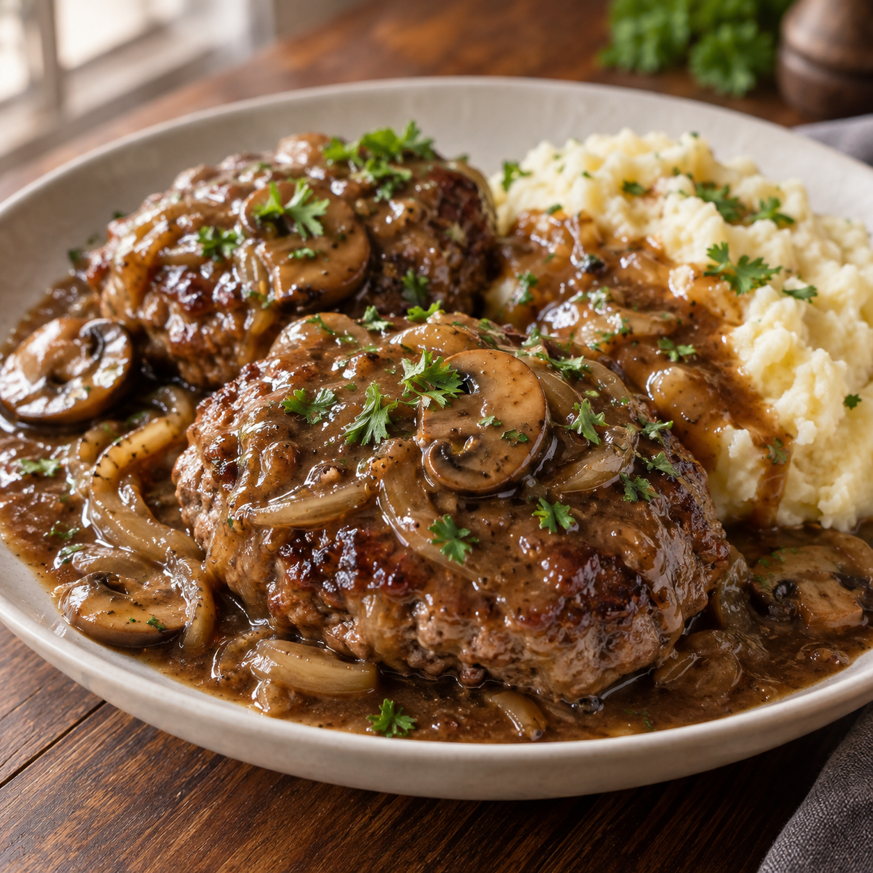 Salisbury-Steak mit Pilz-Zwiebel-Sauce und Kartoffelpüree