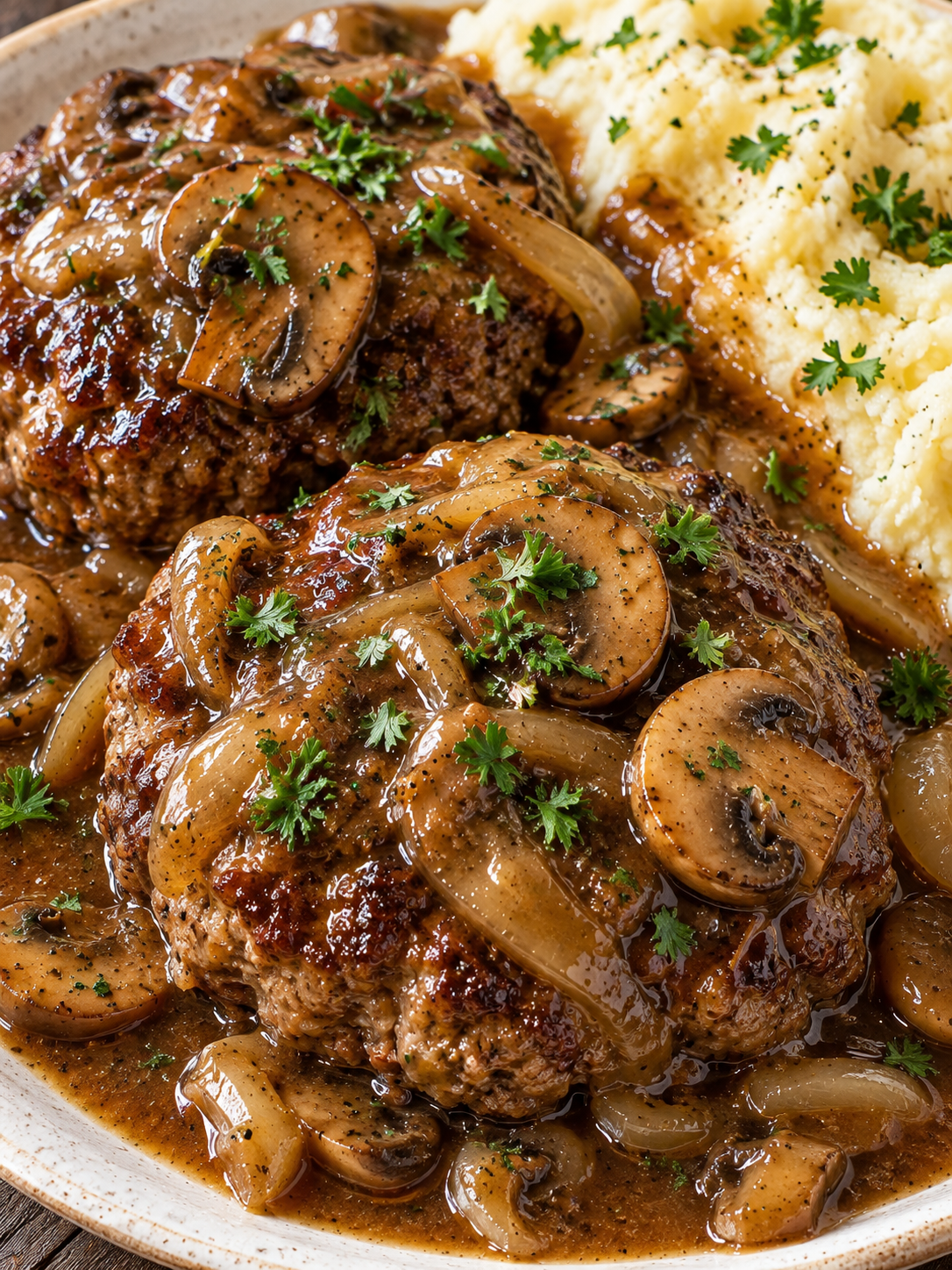 Salisbury-Steak in brauner Pilzsauce mit Petersilie