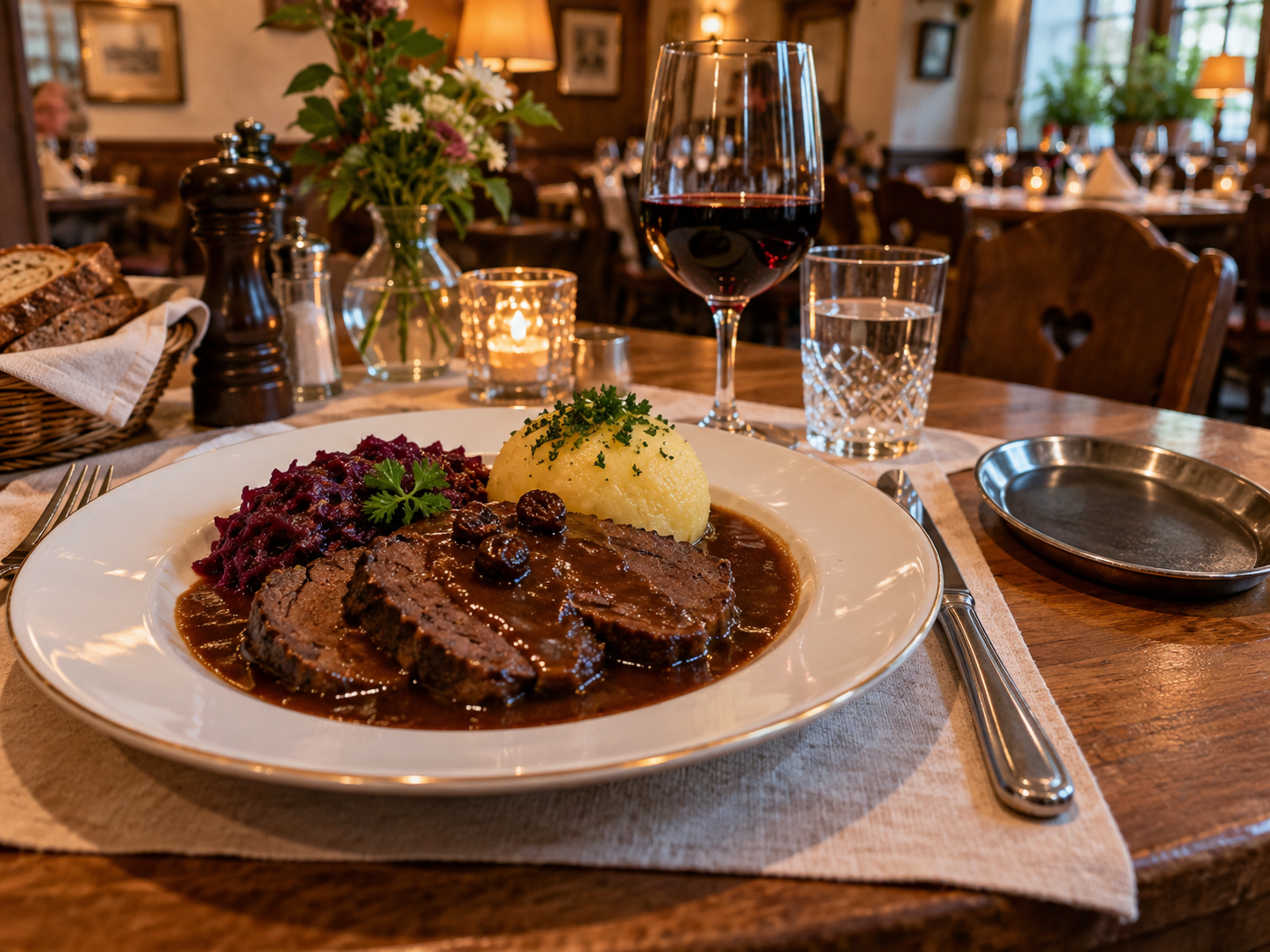 Ein gedeckter Restauranttisch mit Sauerbraten-Teller und leerer Rechnungsschale.