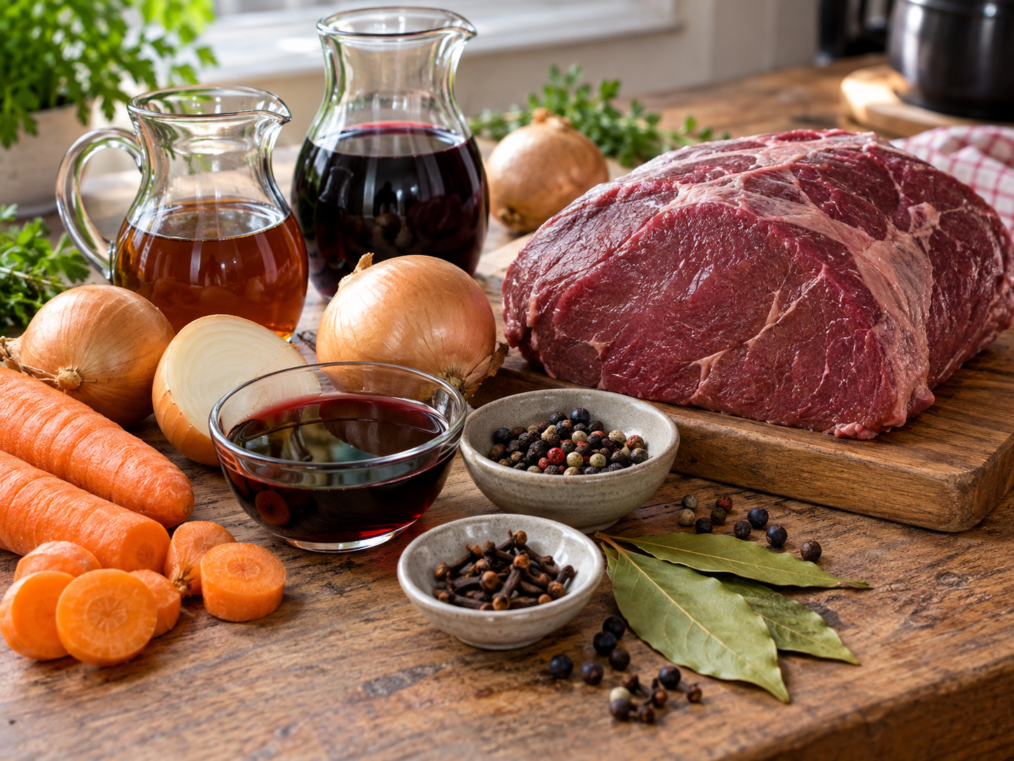 Zutaten für eine Sauerbraten-Marinade mit Fleisch, Essig, Wein, Gemüse und Gewürzen