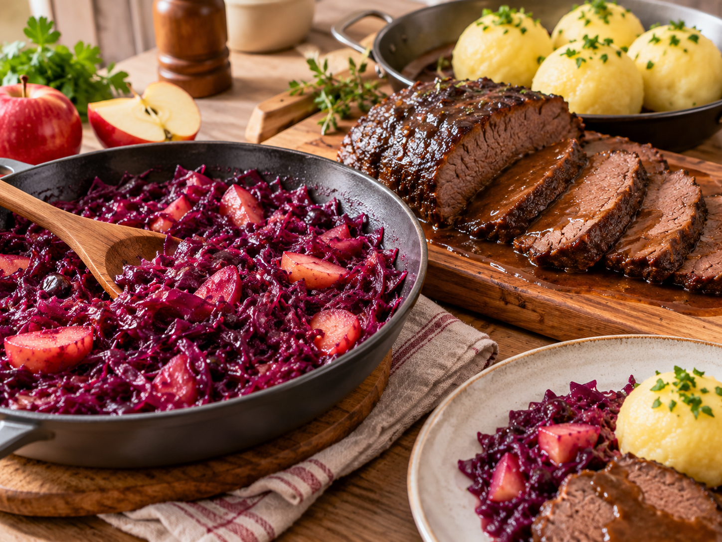 Rotkohl mit Apfel neben Sauerbraten und Klößen kurz vor dem Servieren