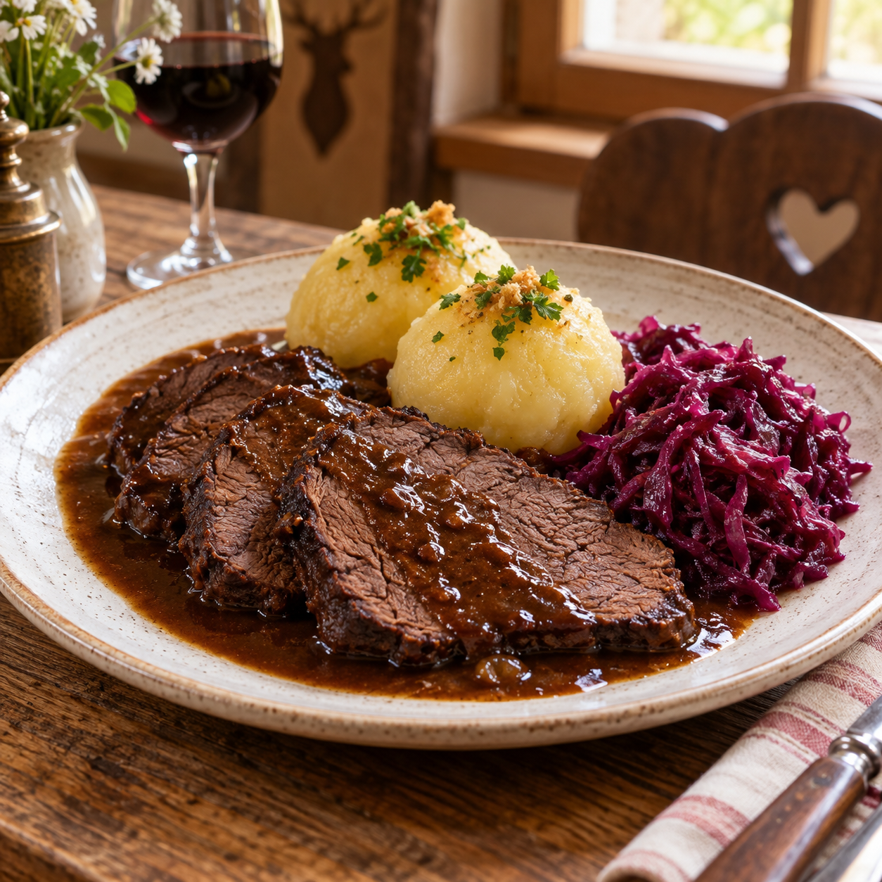 Teller mit Sauerbraten, Kartoffelklößen, brauner Soße und Rotkohl