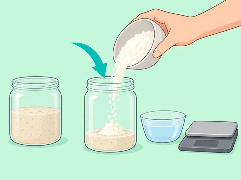 Eine zurückbehaltene Portion Sauerteigansatz wird mit frischem Mehl und Wasser gefüttert.