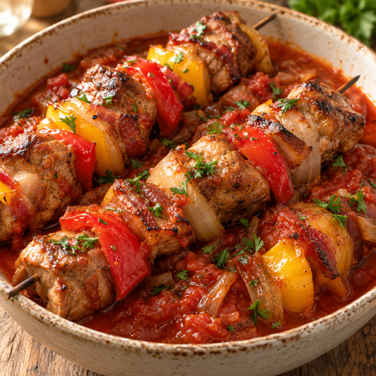 Schaschlikspieße mit Paprika und Zwiebeln in kräftiger Tomatensoße