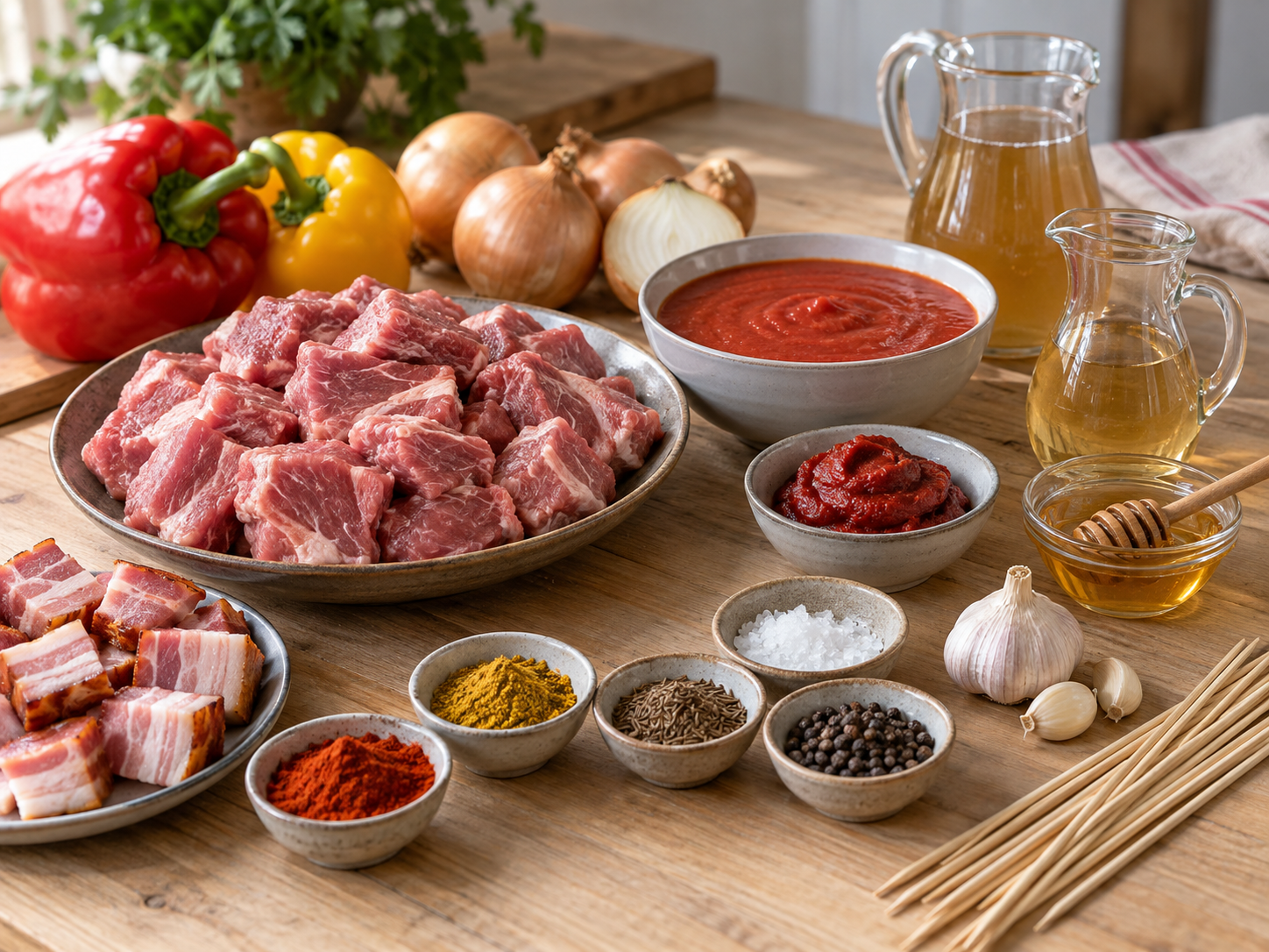 Zutaten für Schaschlik mit Speck, Paprika, Zwiebeln und Tomatensoße
