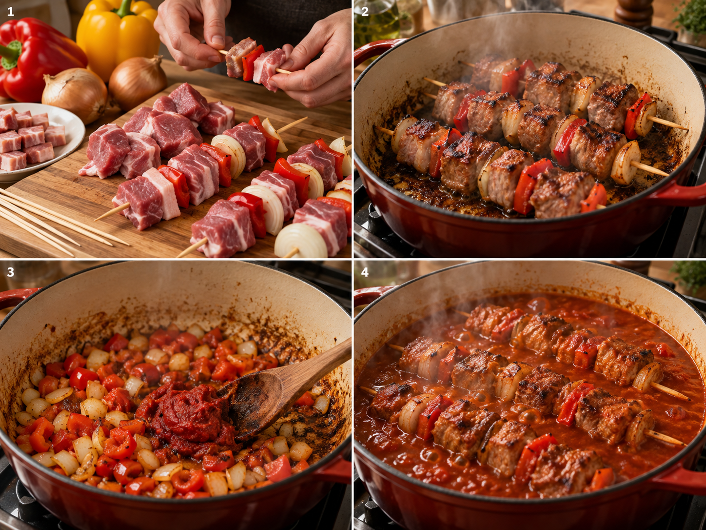 Vier Schritte für Schaschlik vom Stecken bis zum Schmoren in Tomatensoße