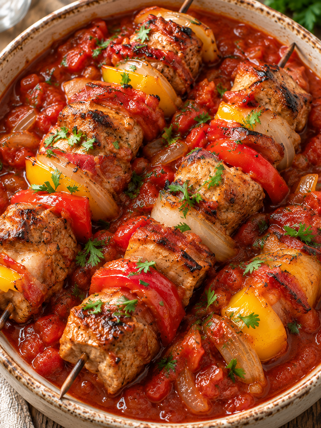 Schaschlik mit Paprika und Zwiebeln in glänzender Schaschliksoße