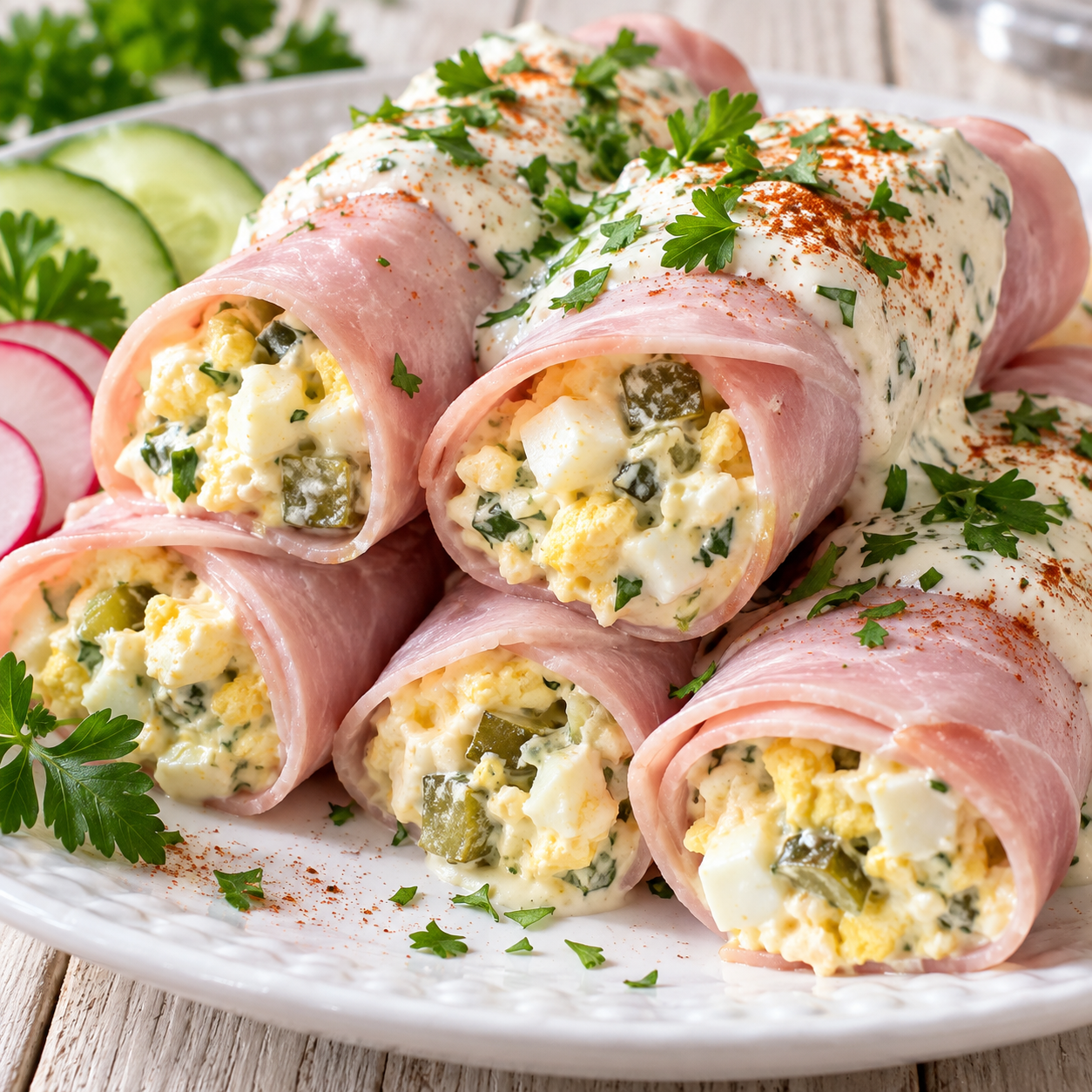 Schinkenröllchen mit Eierfüllung, Kräutersoße und Petersilie