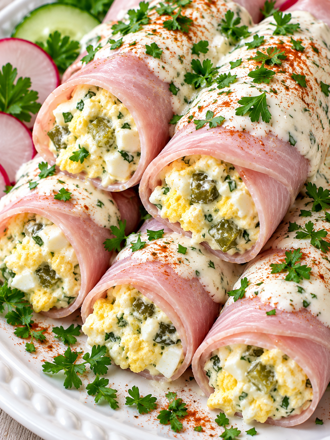 Gefüllte Schinkenröllchen mit Ei, Kräutersoße und Paprika