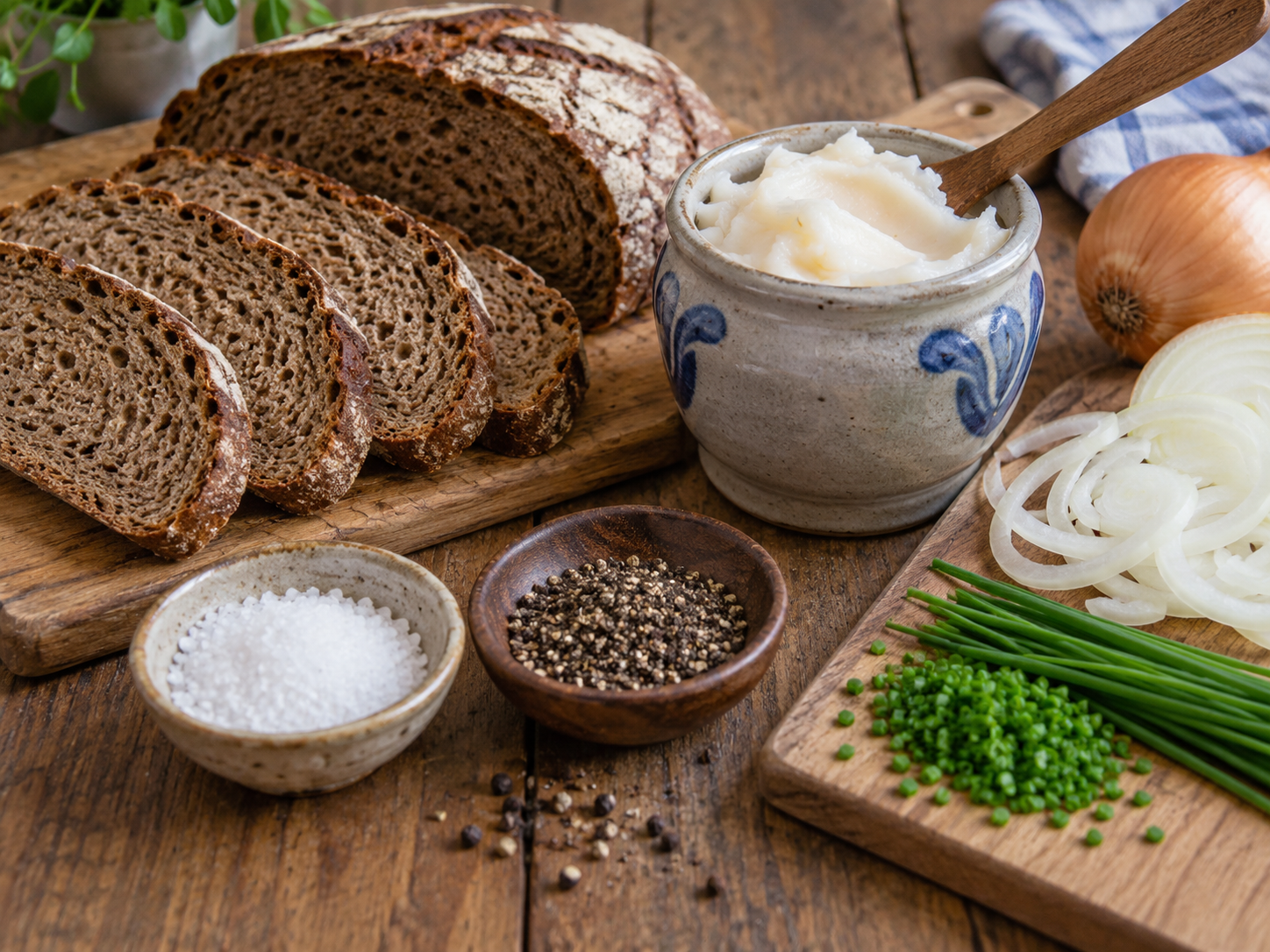 Zutaten für Schmalzbrot mit Roggenbrot, Schmalz, Salz, Pfeffer, Zwiebeln und Schnittlauch.