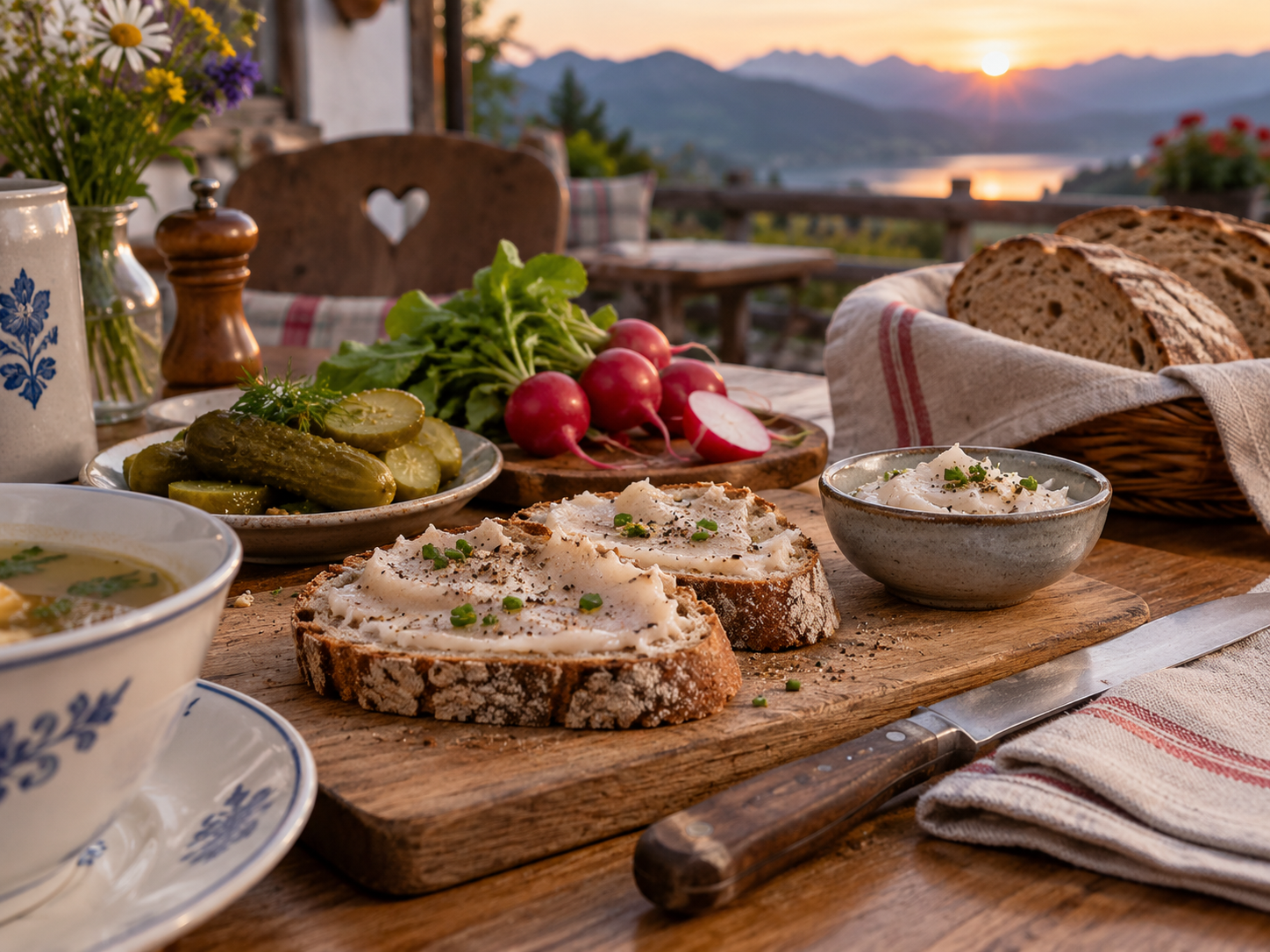 Kleine Brotzeit mit Schmalzbrot, Gurken, Radieschen und einer Schale Suppe auf dem Tisch.