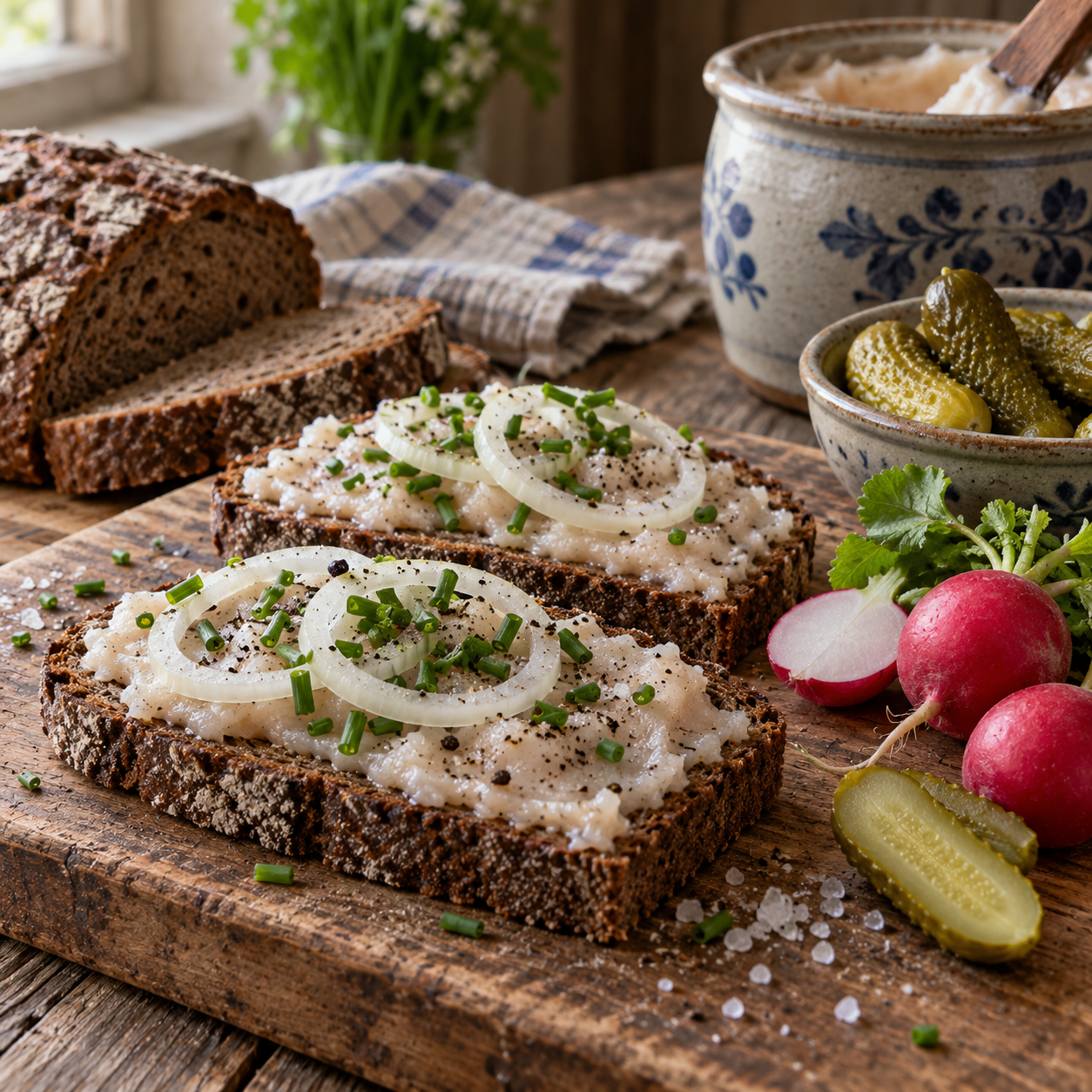 Rustikale Scheiben Schmalzbrot mit Zwiebeln, Schnittlauch, Radieschen und Gurken auf einem Holzbrett.