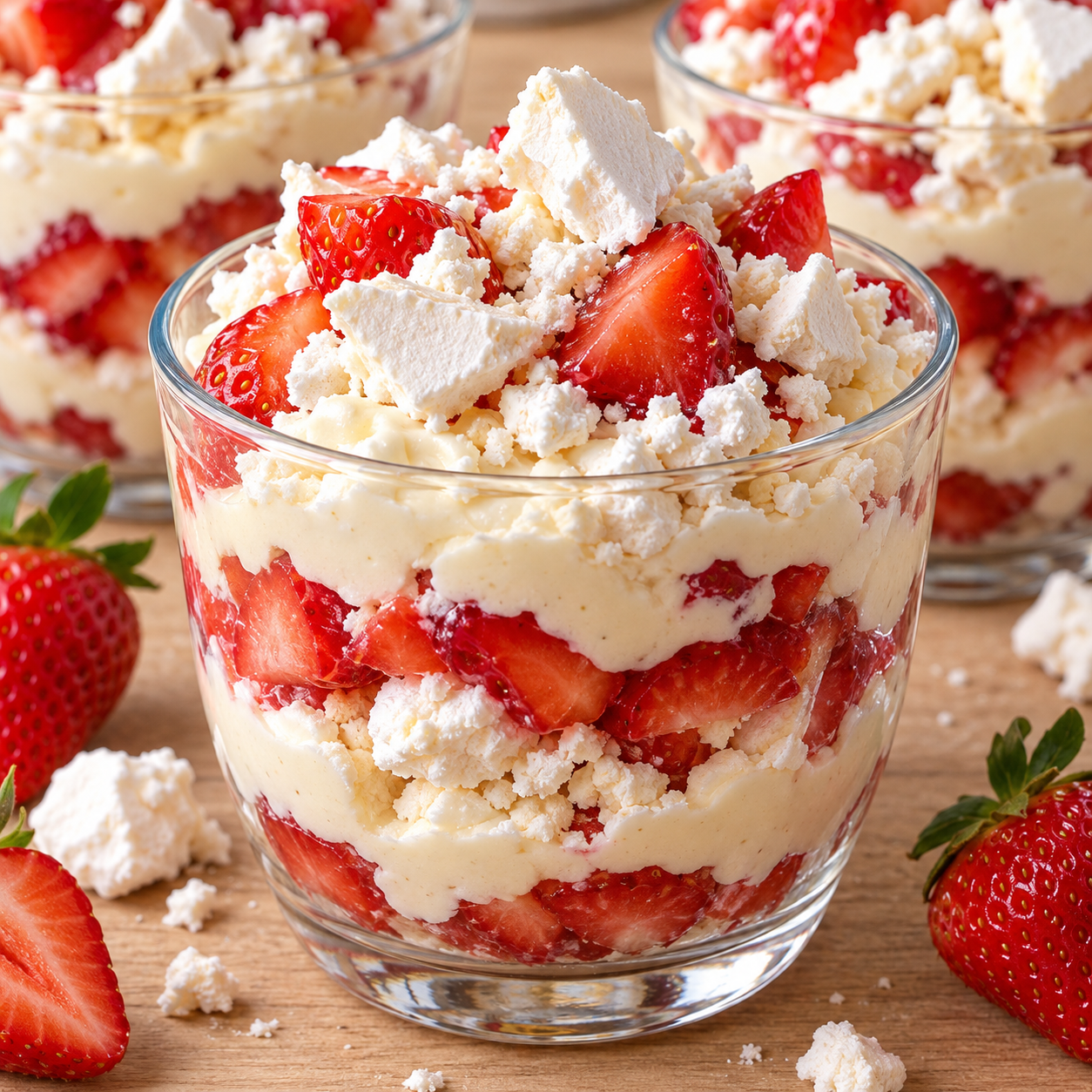 Schneegestöber im Glas mit Erdbeeren, Creme und Baiserstücken