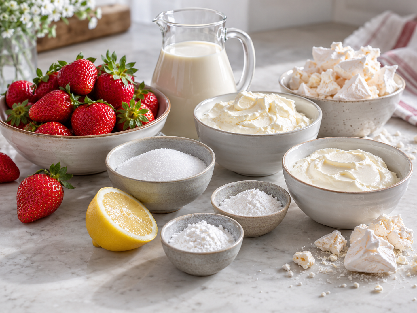 Zutaten für Erdbeer-Baiser-Dessert mit Sahne, Quark und Schmand