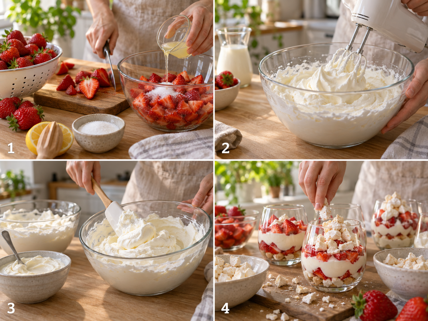 Vier Zubereitungsschritte für Schneegestöber mit Erdbeeren und Baiser