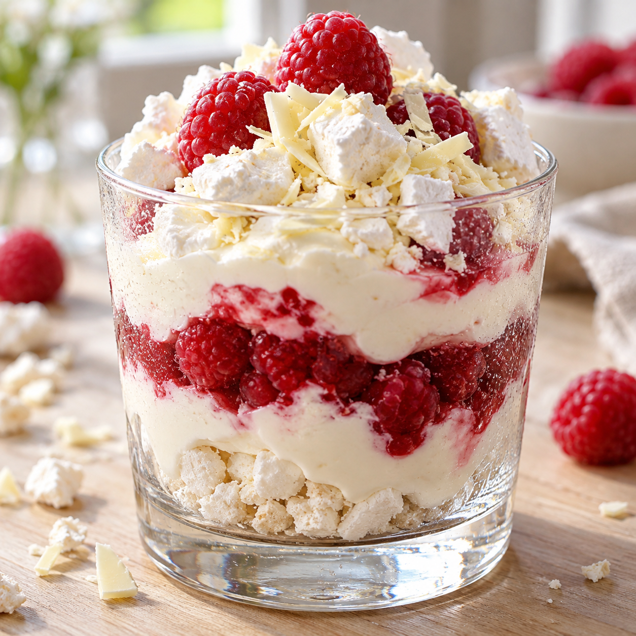 Schneegestöber im Glas mit Himbeeren, Baiser und weißer Schokolade