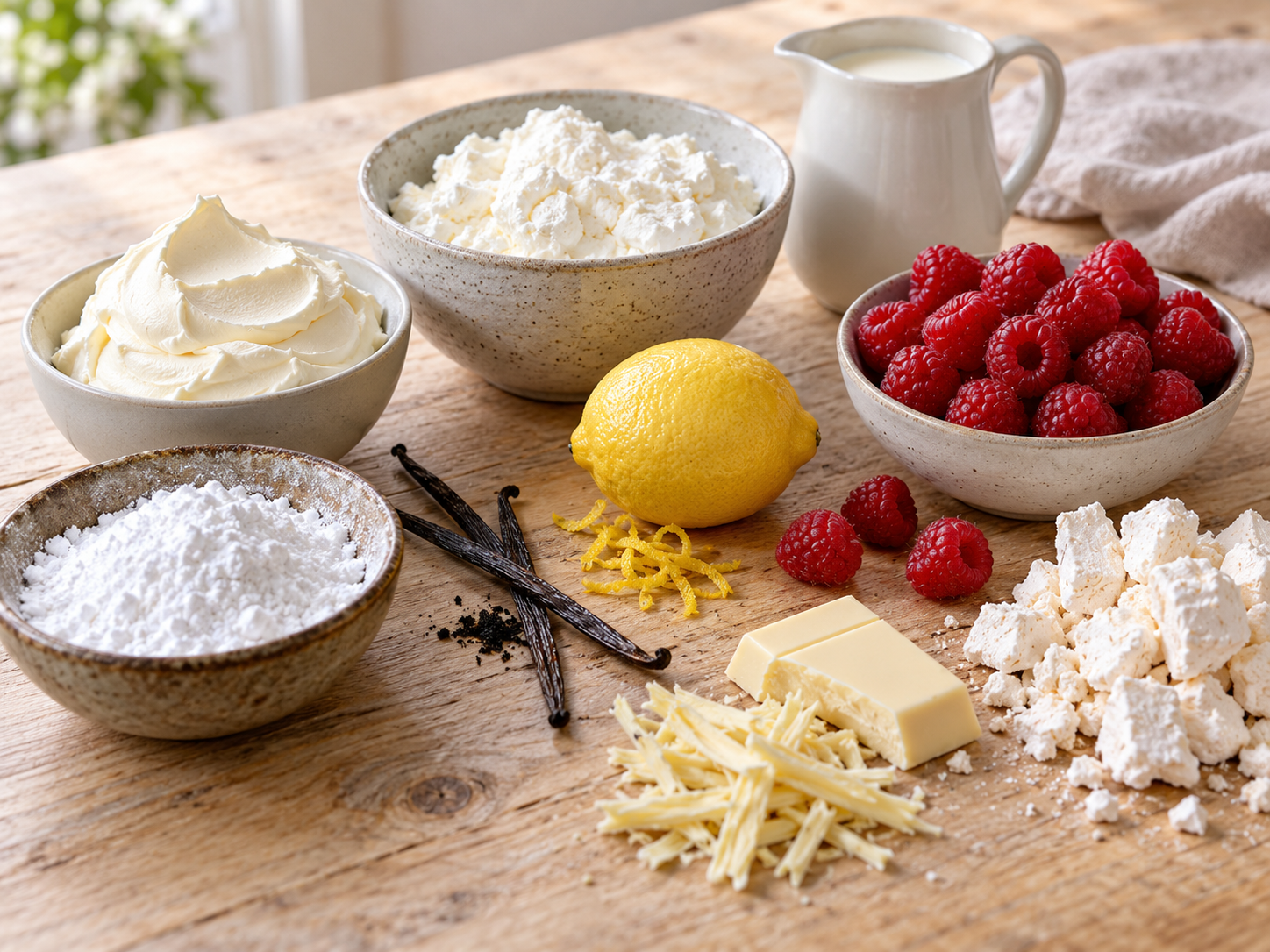 Zutaten für Schneegestöber mit Mascarpone, Quark und Himbeeren