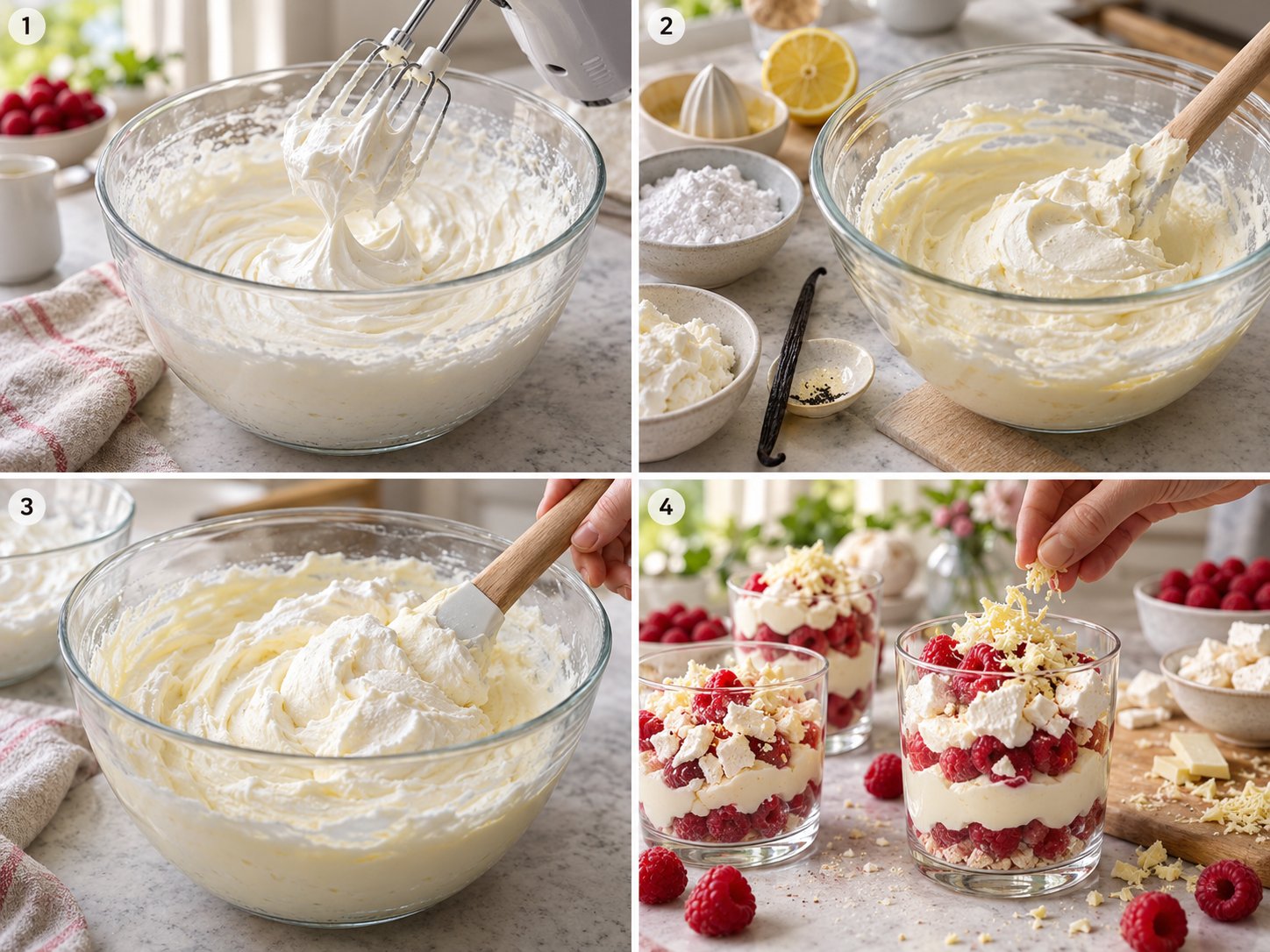Vier Schritte für Schneegestöber von Creme bis geschichteten Gläsern