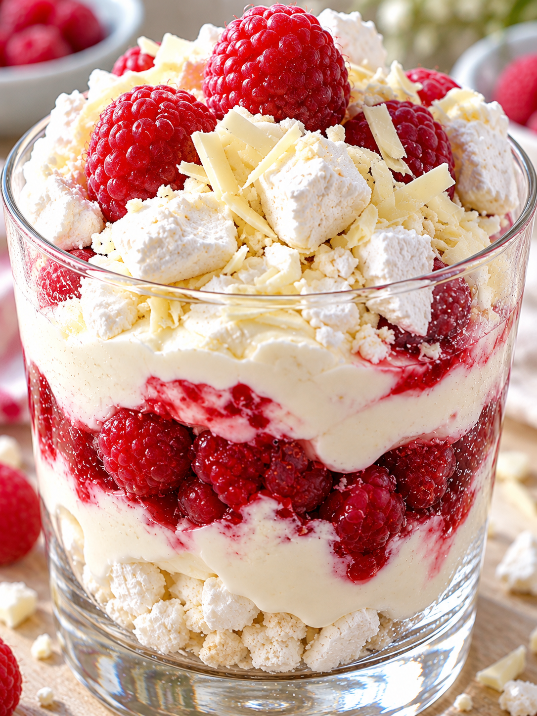Geschichtetes Schneegestöber mit Himbeeren, Baiser und weißer Schokolade
