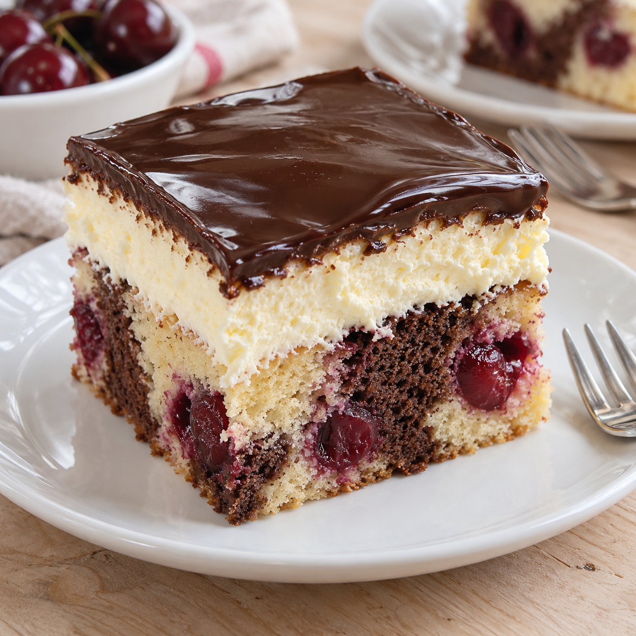 Schneewittchenkuchen mit Kirschen, Buttercreme und Schokoglasur