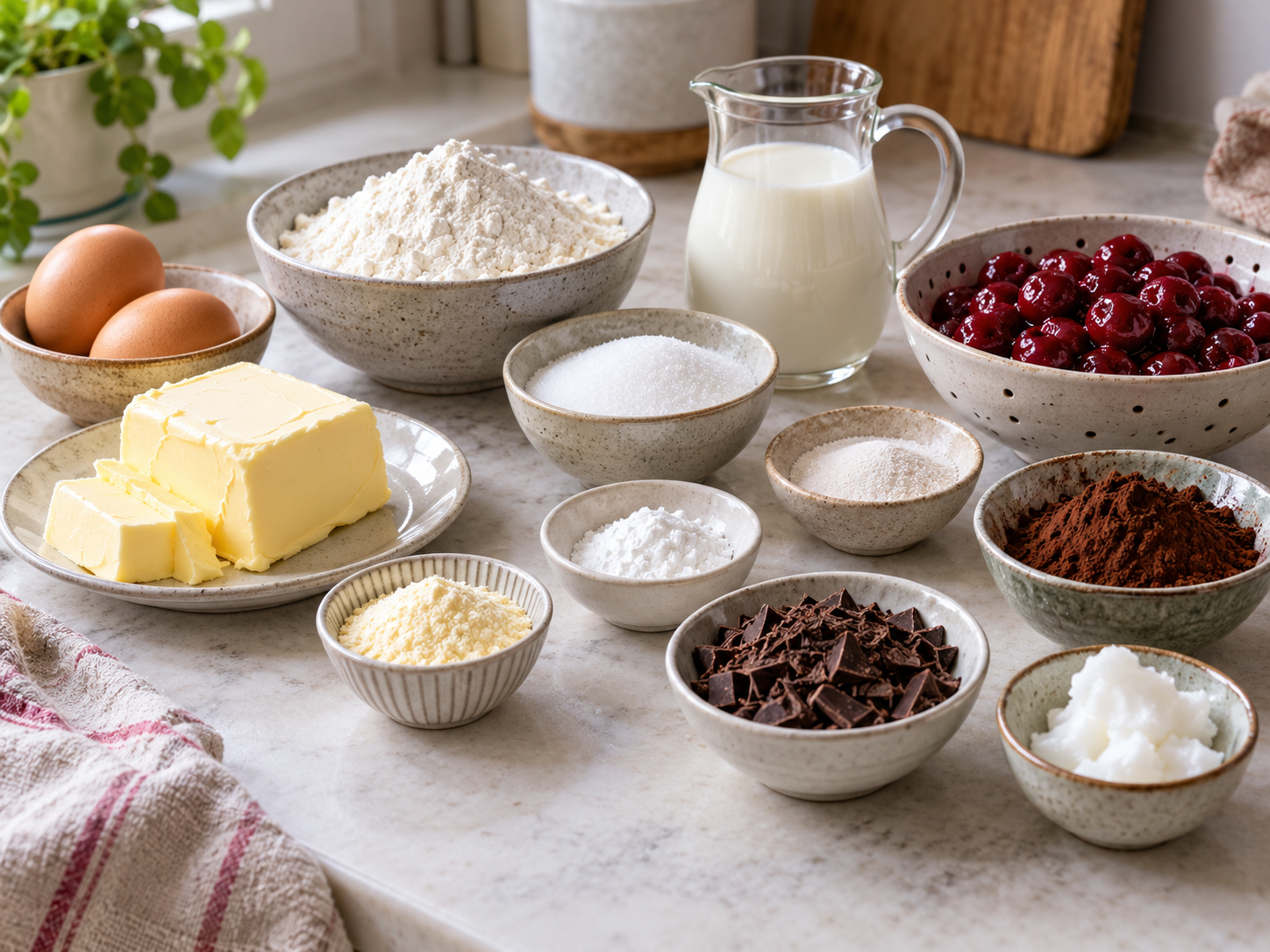 Zutaten für Schneewittchenkuchen mit Kirschen und Schokolade