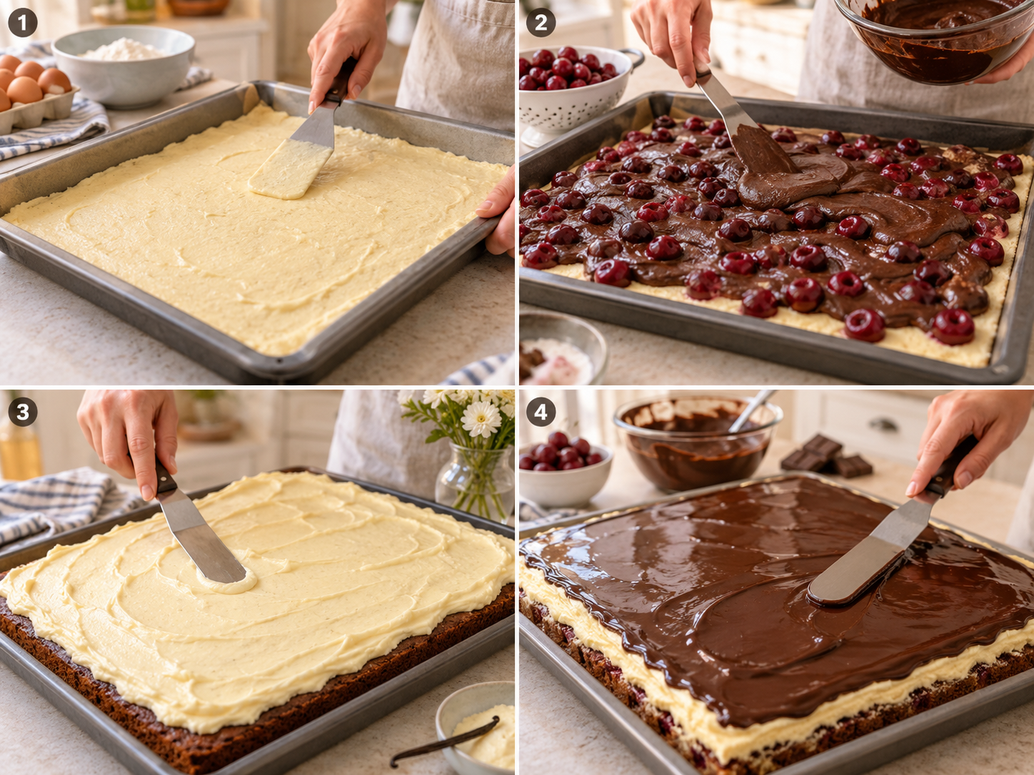 Vier Schritte für Schneewittchenkuchen vom Teig bis zur Glasur