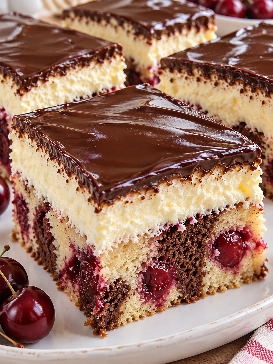 Saftige Schneewittchenkuchenstücke mit Creme und Schokoglasur