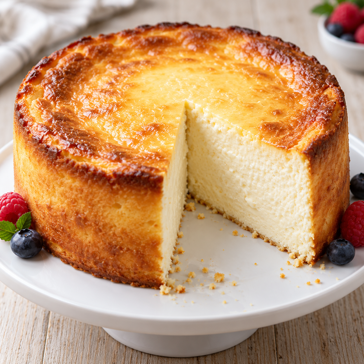 Hoher Käsekuchen ohne Boden mit goldbrauner Oberfläche und cremiger Quarkfüllung