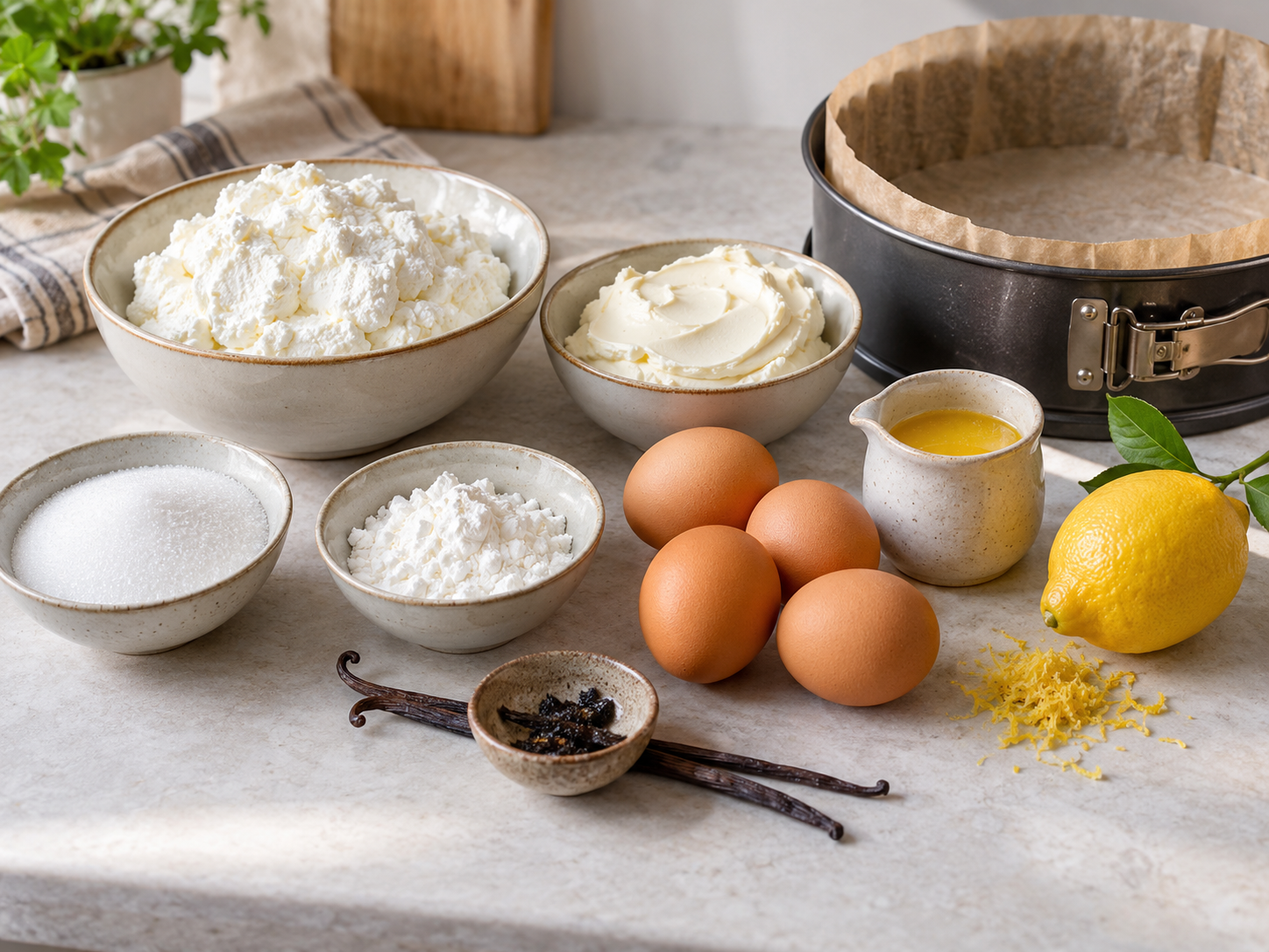 Zutaten für Käsekuchen ohne Boden mit Quark, Eiern, Zitrone und Stärke