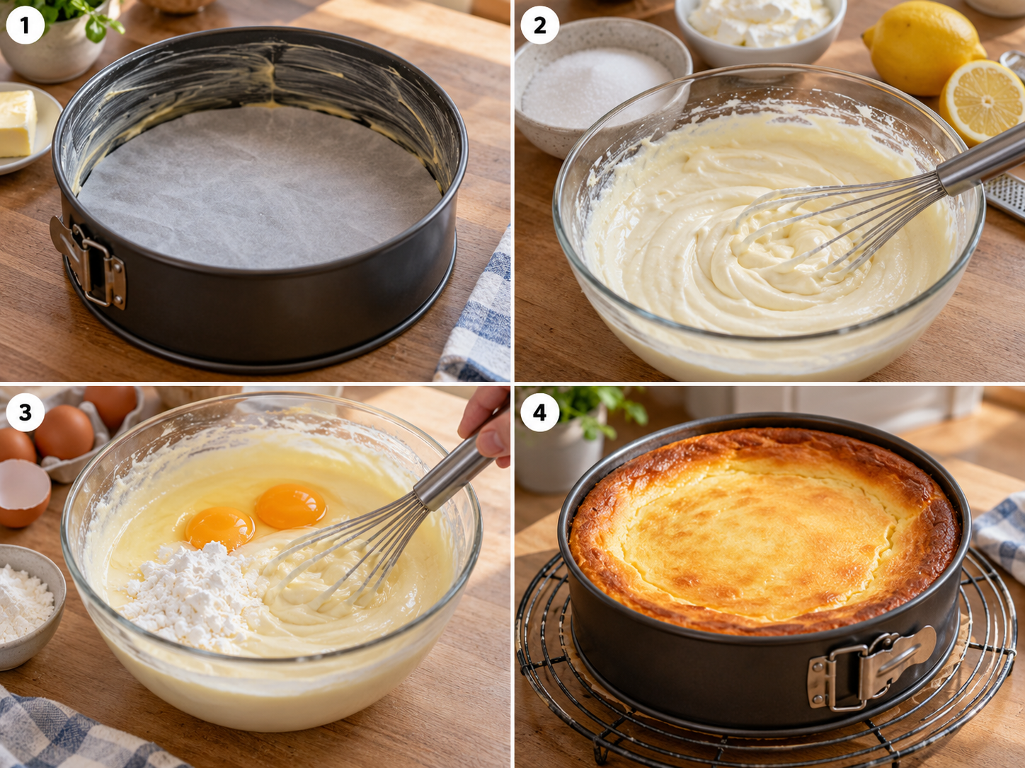 Vier Schritte für Käsekuchen ohne Boden vom Rühren bis zum gebackenen Kuchen