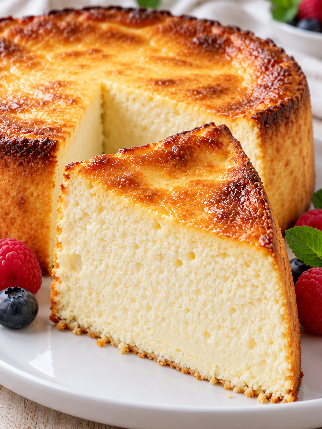 Angeschnittener Käsekuchen ohne Boden mit goldbrauner Decke und cremiger Füllung