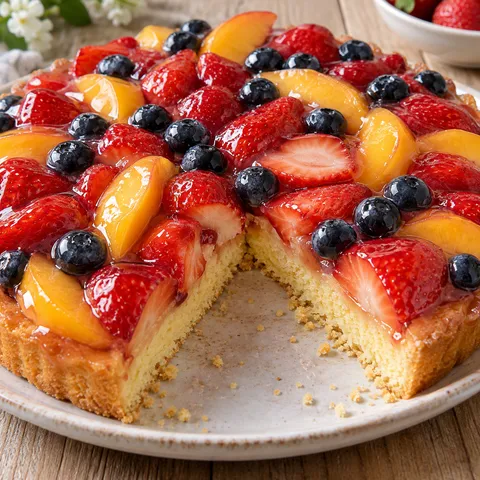 Obstboden mit Erdbeeren, Heidelbeeren, Pfirsich und glänzendem Tortenguss