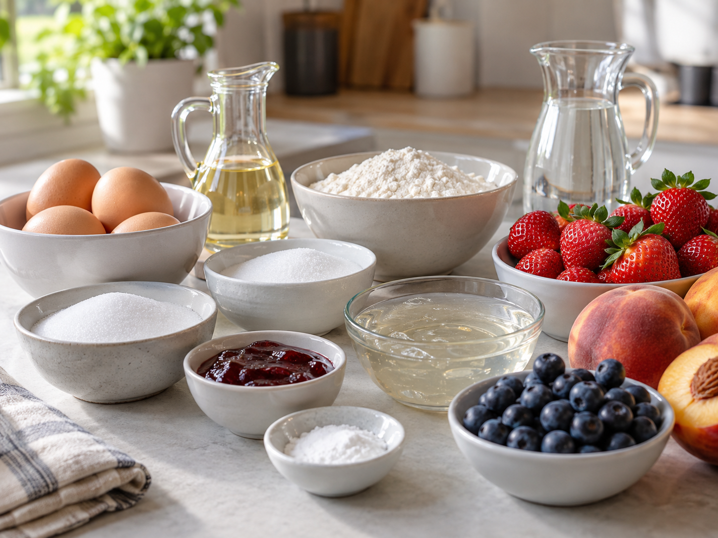 Zutaten für Obstboden mit frischem Obst, Mehl, Eiern und Tortenguss