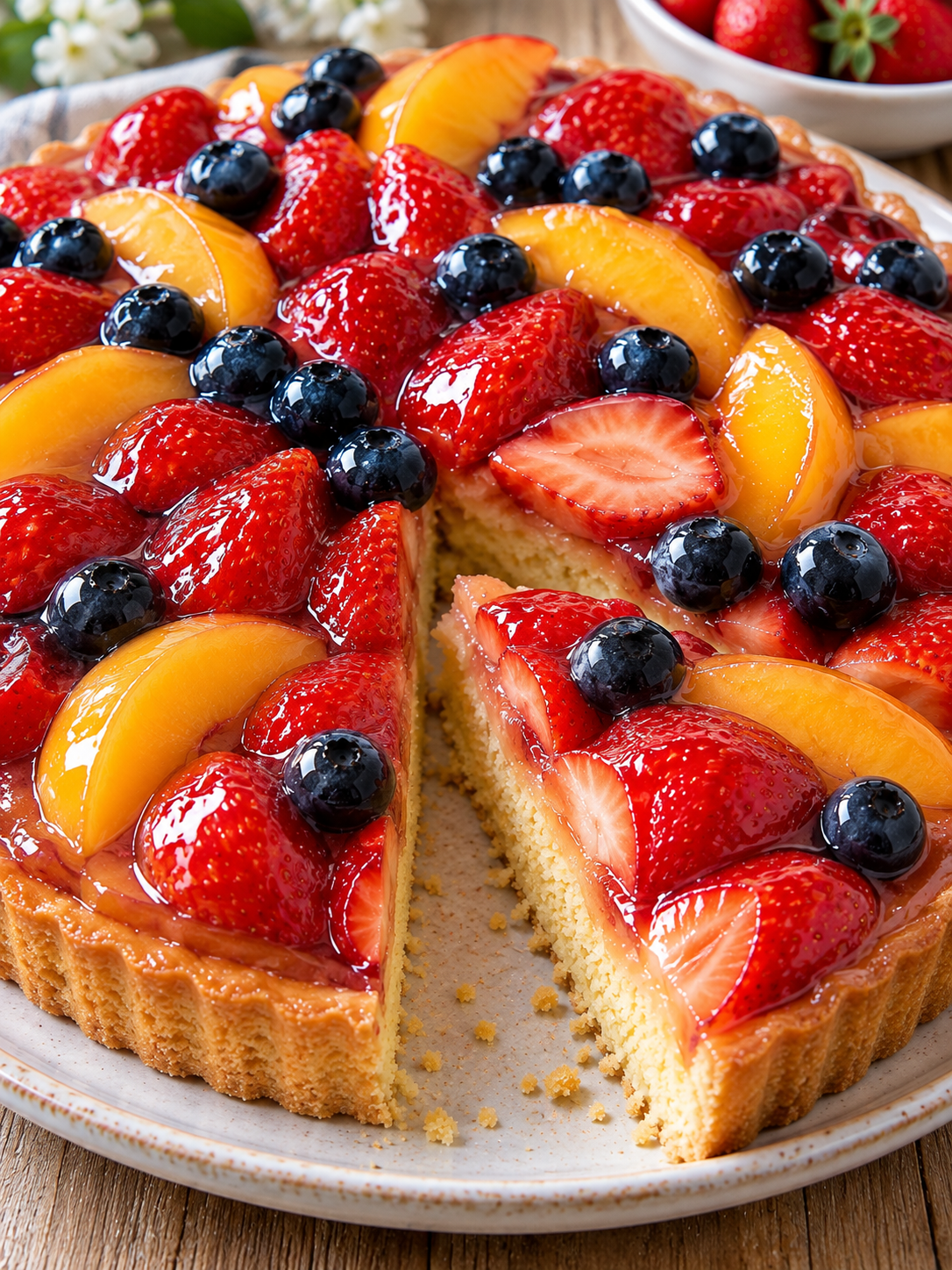Glänzender Obstboden mit Beeren, Pfirsichen und sauber geschnittenem Stück