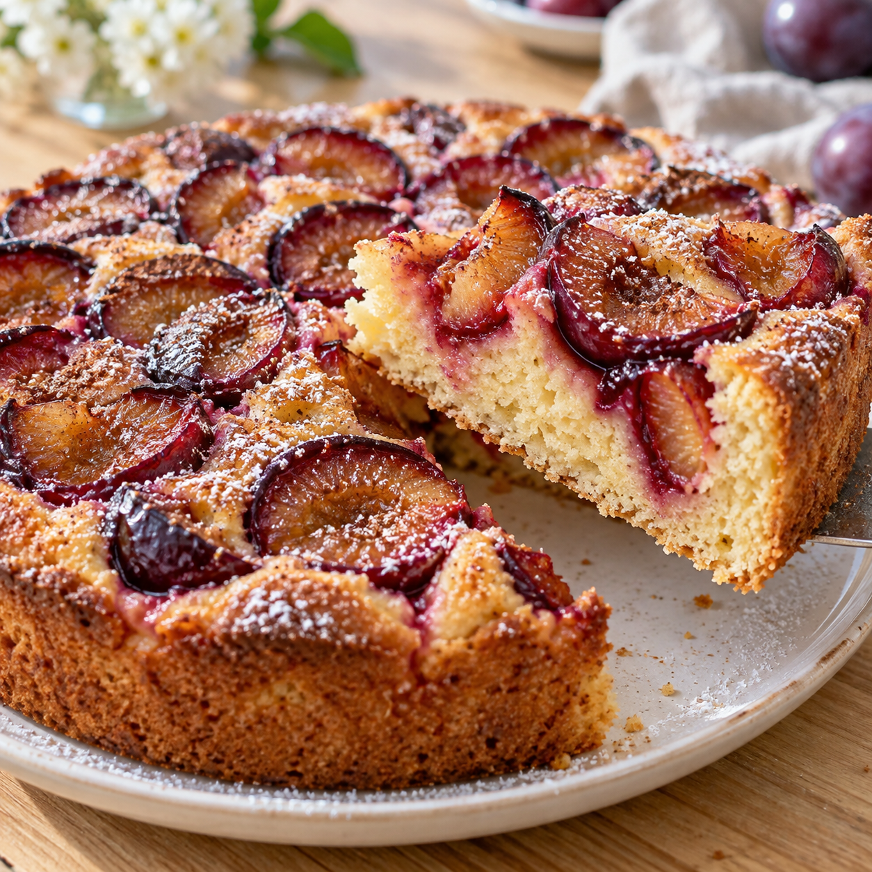 Saftiger Pflaumenkuchen mit Zimt-Zucker auf hellem Rührteig