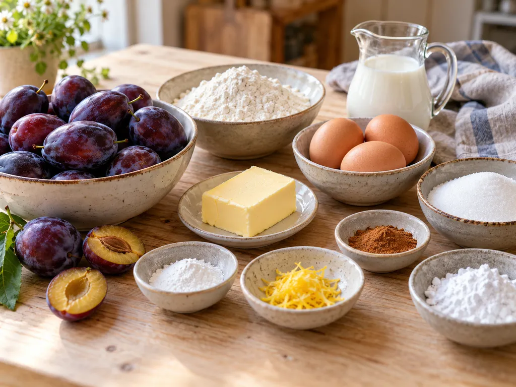 Zutaten für Pflaumenkuchen mit Pflaumen, Butter, Eiern und Mehl