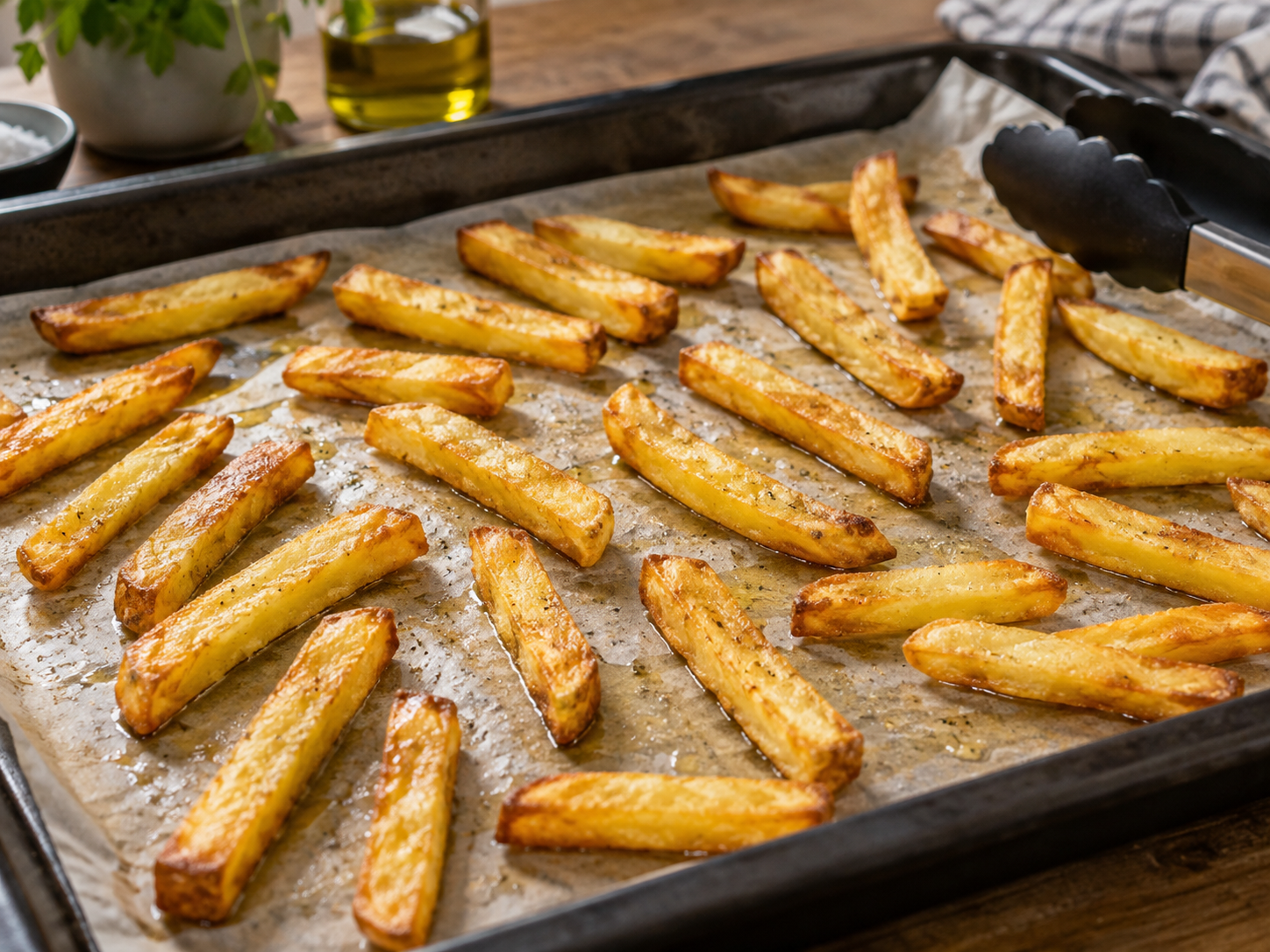 Goldgelbe Pommes liegen mit Abstand auf einem Backblech.