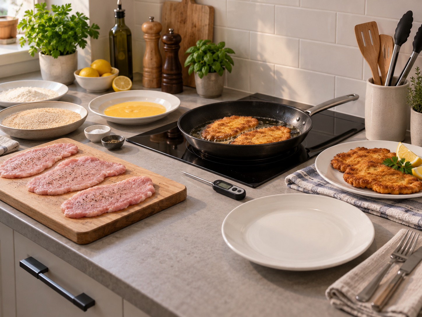 Getrennte Küchenutensilien und Thermometer beim Zubereiten von Schnitzel.
