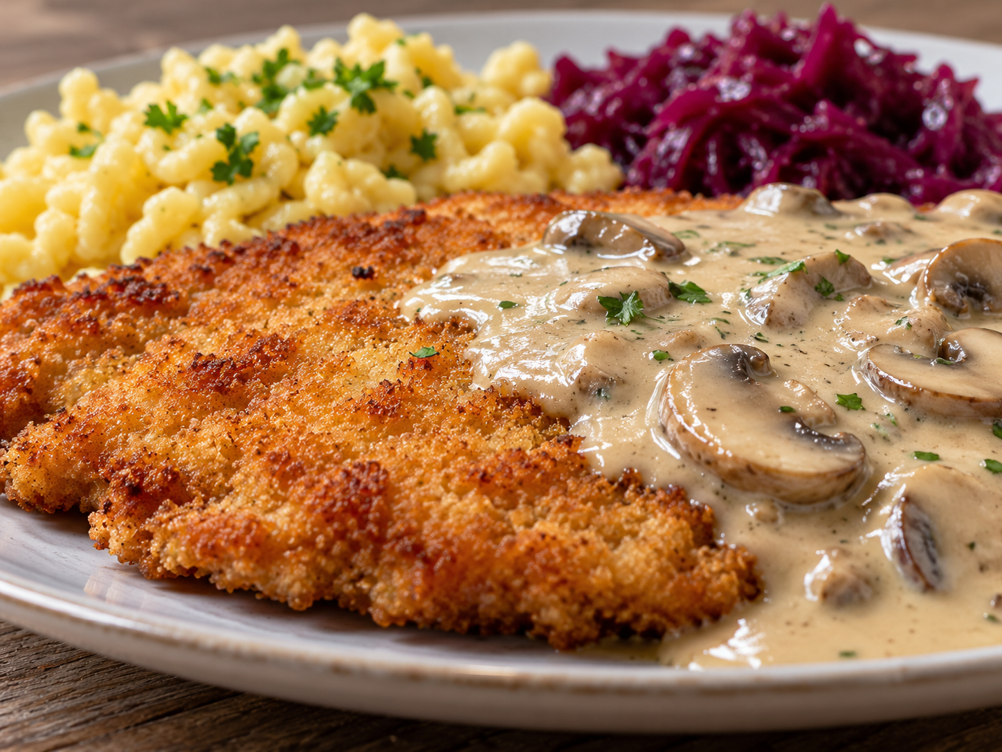 Detail der goldbraunen Schnitzelpanierung neben cremiger Champignonsoße; dahinter Spätzle und Rotkohl.