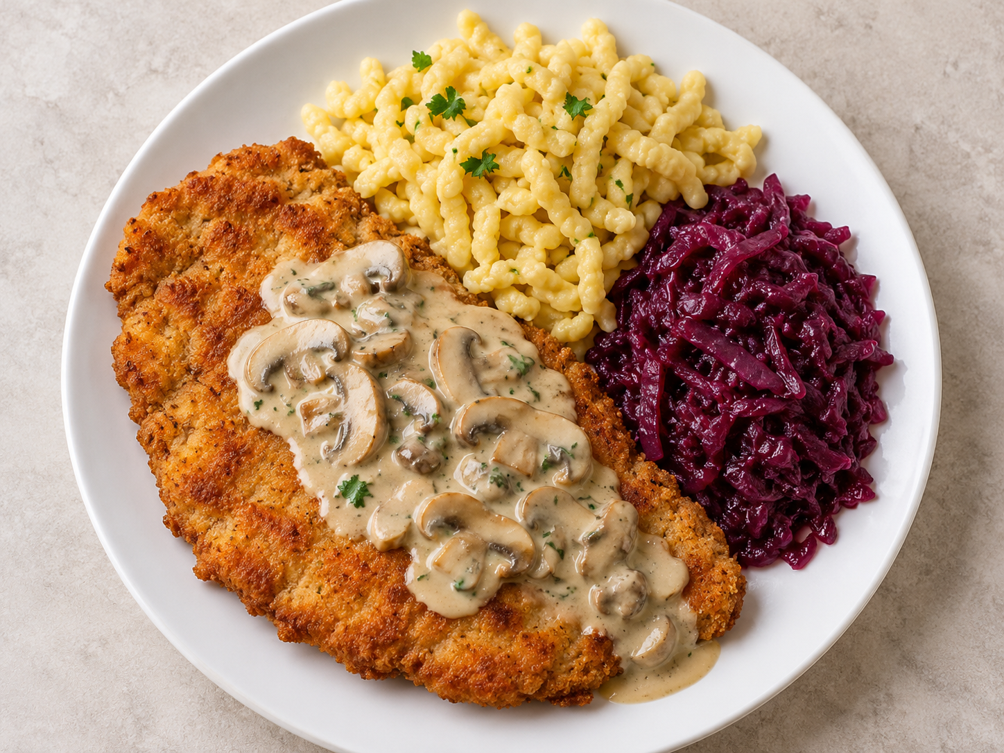 Draufsicht auf Schnitzel mit Pilzsoße und die getrennt angerichteten Beilagen Spätzle und Rotkohl.