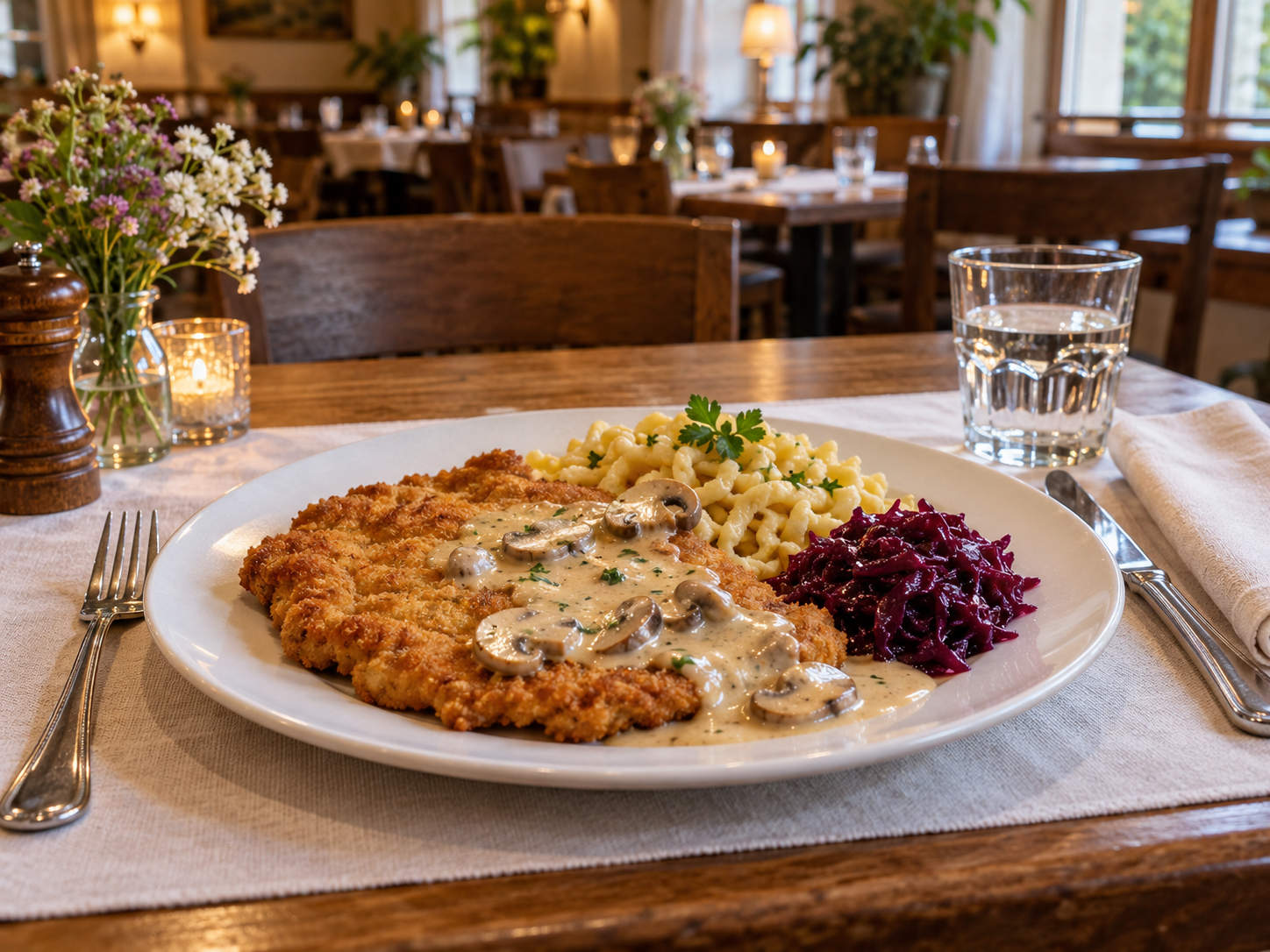 Schnitzel mit Champignonsoße, Spätzle und Rotkohl an einem gedeckten Restaurantplatz mit Besteck und Wasserglas.