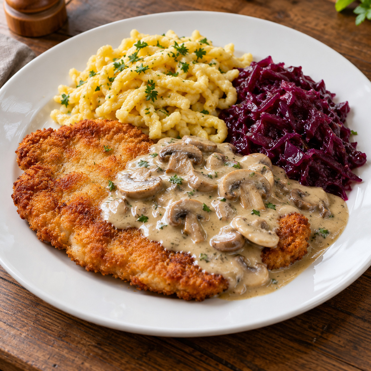 Paniertes Schnitzel mit cremiger Champignonsoße, Spätzle und dunkelrotem Rotkohl auf einem weißen Teller.