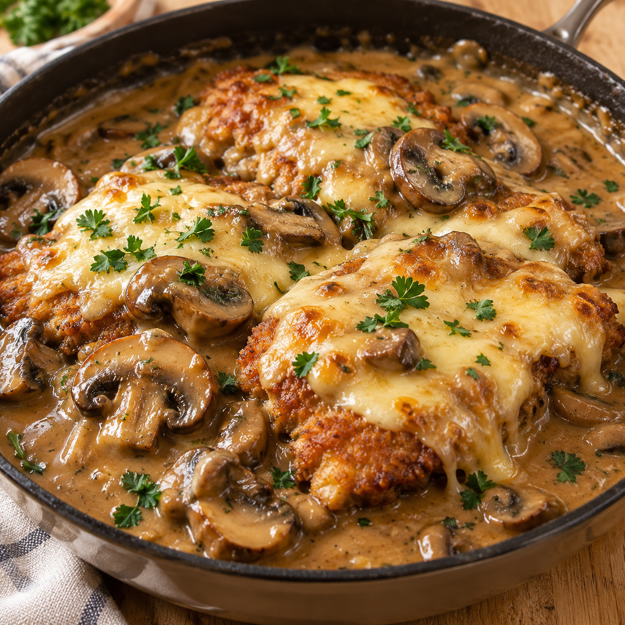 Schnitzelpfanne mit Champignons, Jägersoße und geschmolzenem Käse