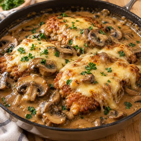 Schnitzelpfanne mit Champignons, Jägersoße und geschmolzenem Käse