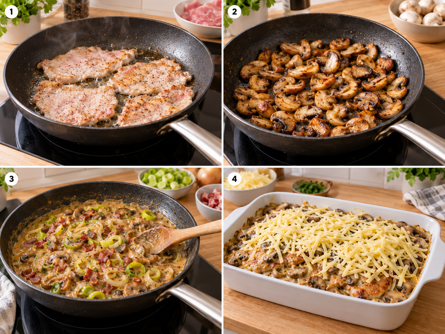 Vier Schritte für Schnitzelpfanne mit Champignons und Jägersoße