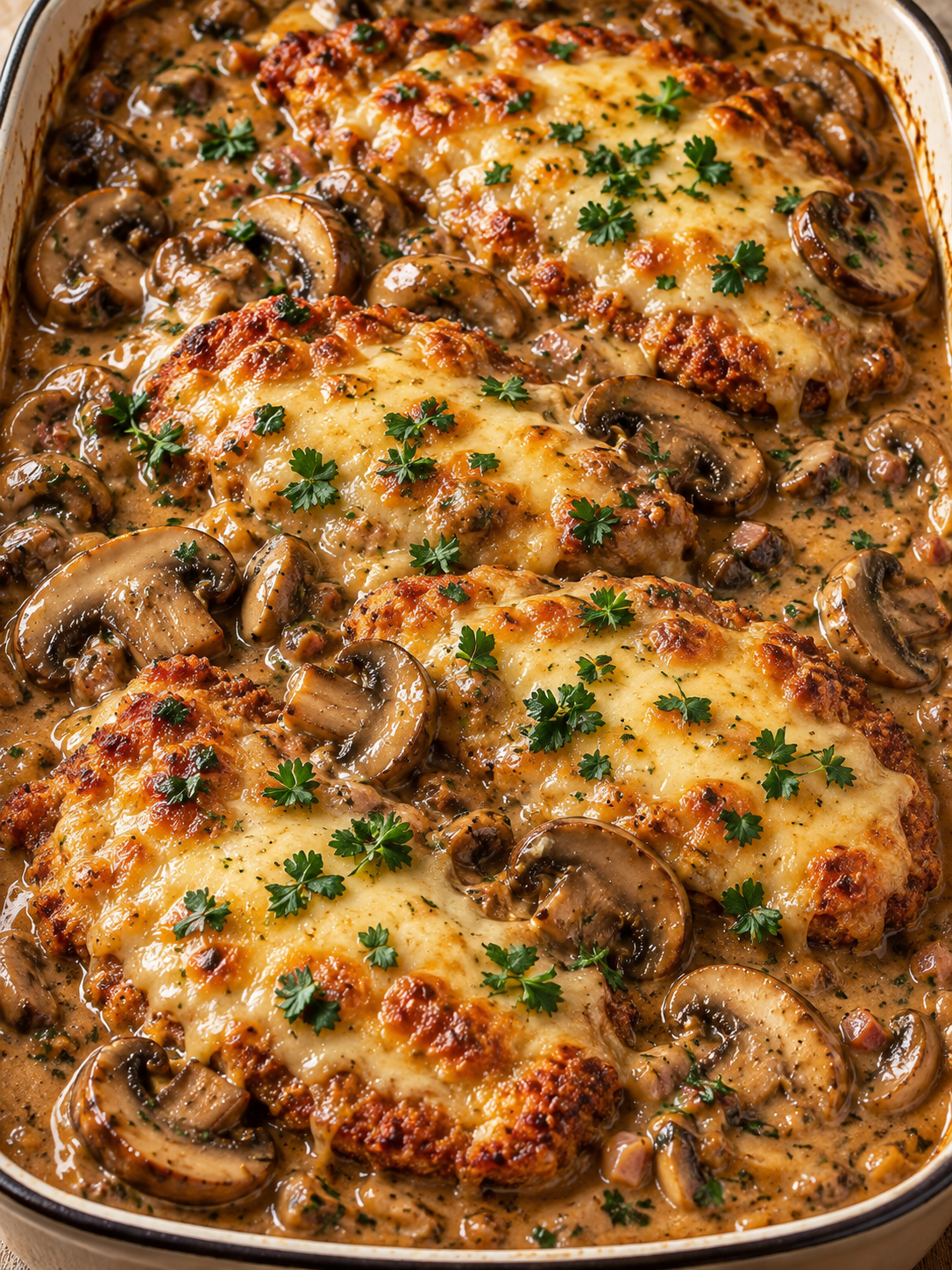 Überbackene Schnitzelpfanne mit Champignons und cremiger Jägersoße