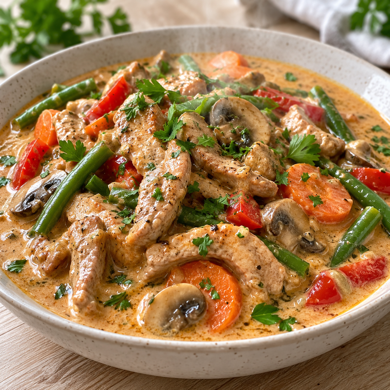 Cremiger Schnitzeltopf mit Gemüse und Petersilie in heller Schale