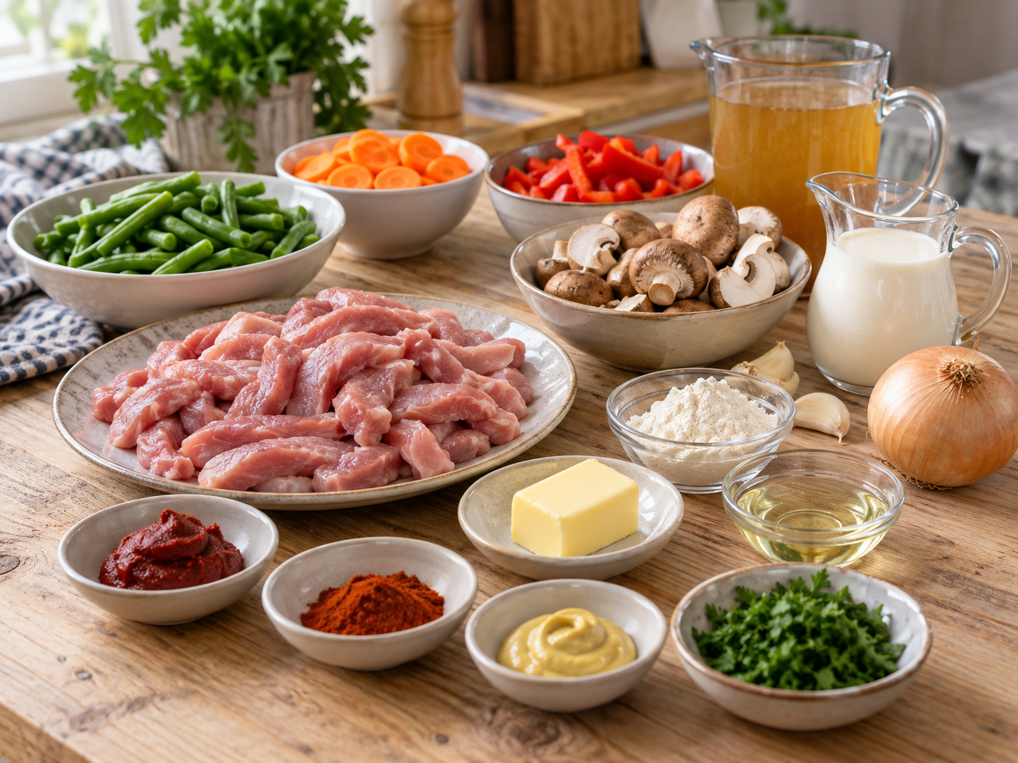 Zutaten für Schnitzeltopf mit Schweinefleisch, Gemüse und Sahne