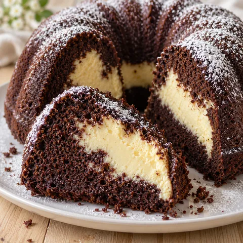 Aufgeschnittener Schokoladen-Gugelhupf mit heller Käsekuchenfüllung