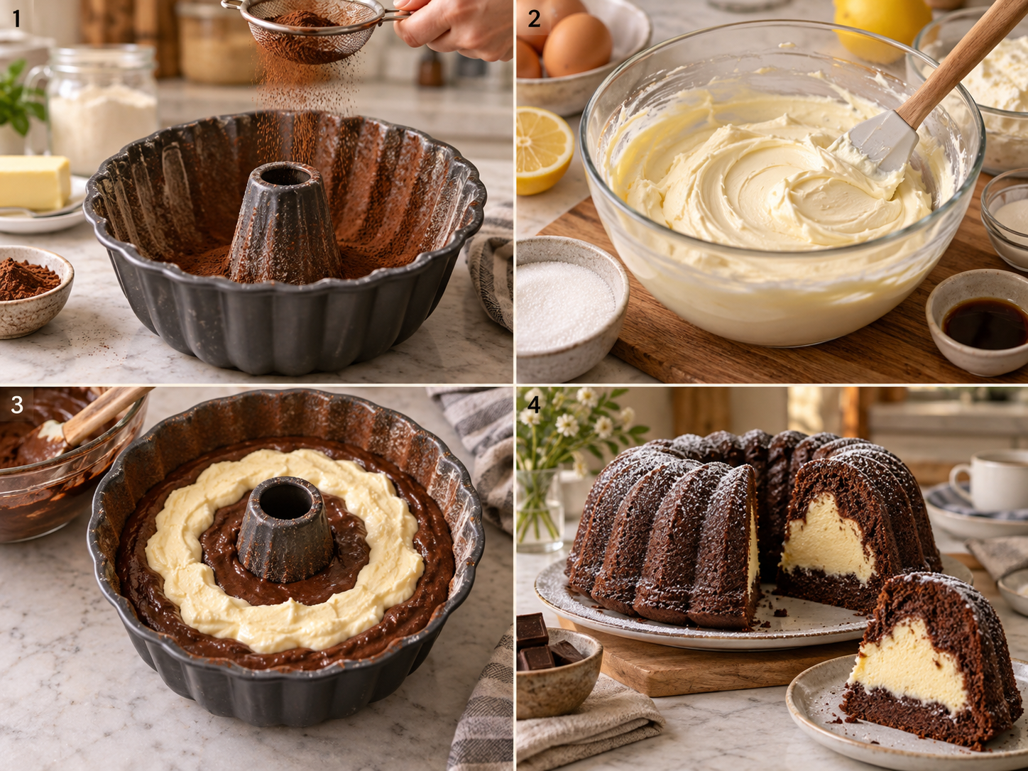Vier Schritte für Schokoladen-Gugelhupf mit Käsekuchenfüllung